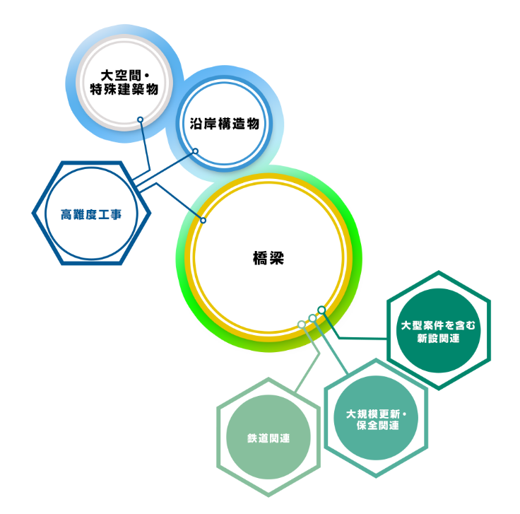 橋梁 高難易度工事 沿岸構造物 大空間構造物 鉄道関連 大規模更新・保全関連 大型案件を含む新設橋梁