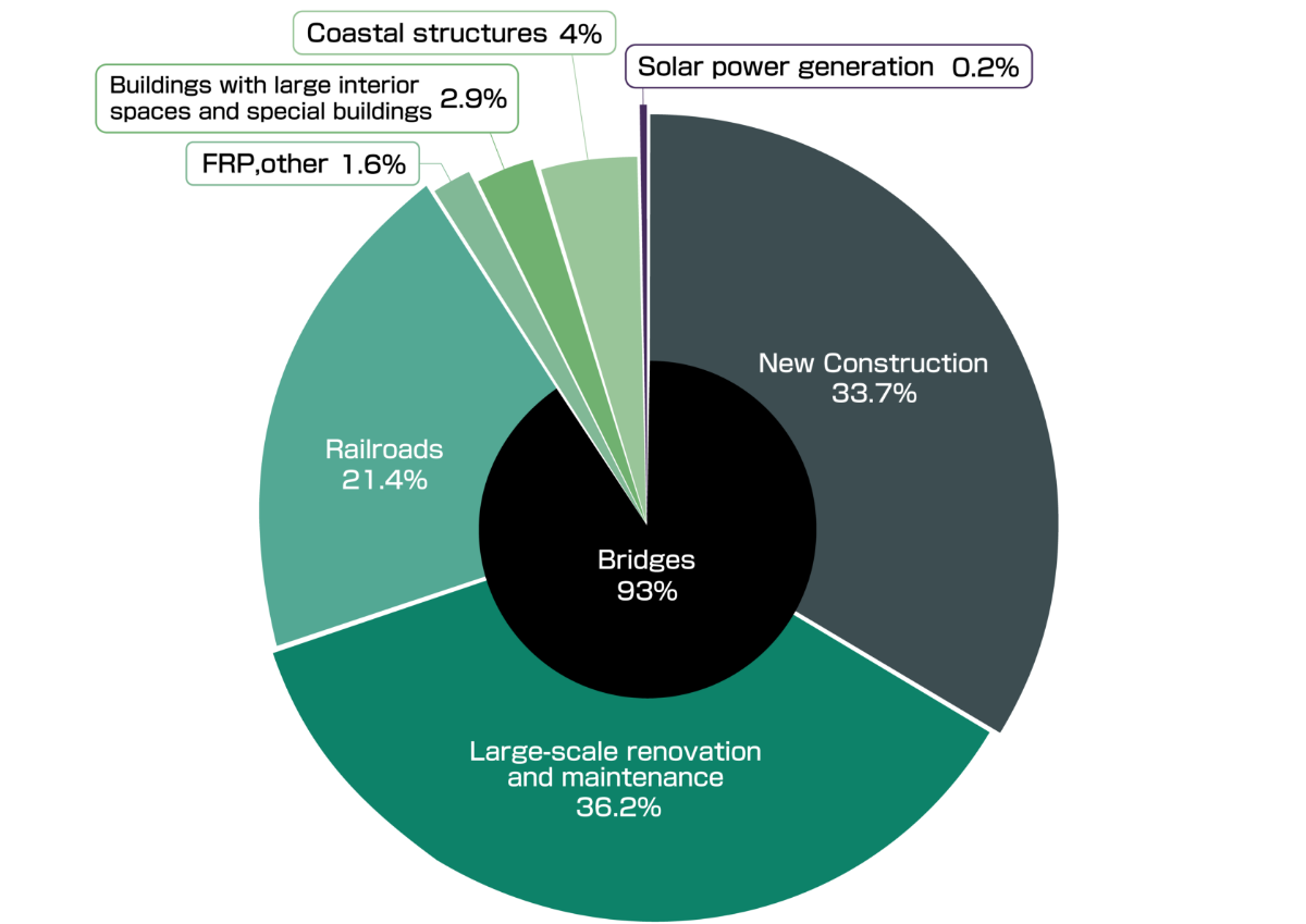 Bridges 93% New construction 33.7% Large-scale reconstruction and Maintenance 36.2% Railroads 21.4% FRP, others 1.6% Buildings with large interior spaces and special buildings 2.9% Coastal structures 4%Solar power generation 0.2%