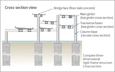 Complex three-dimensional rigid-frame structure - Cross section