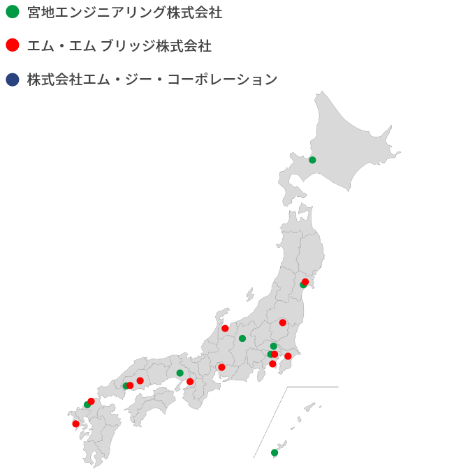 宮地エンジニアリング(株) 札幌営業所　宮地エンジニアリング(株) 仙台営業所　エム・エム ブリッジ(株) 東北営業所　エム・エム ブリッジ(株) 那須機材センター　宮地エンジニアリング(株) 機材センター　宮地エンジニアリング(株)千葉工場　エム・エム ブリッジ(株) 市原工場　(株) エム・ジーコーポレーション本社　宮地エンジニアリンググループ(株) 本社　宮地エンジニアリング(株) 本社　エム・エム ブリッジ(株) 東日本支店　エム・エム ブリッジ(株) 横浜営業所　宮地エンジニアリング(株) 松本発電所　エム・エム ブリッジ(株) 富山事業所　宮地エンジニアリング(株) 名古屋営業所　エム・エム ブリッジ(株) 中部営業所　宮地エンジニアリング(株) 関西支店　エム・エム ブリッジ(株) 西日本支店　宮地エンジニアリング(株) 兵庫機材センター　エム・エム ブリッジ(株) 広島機材センター　エム・エム ブリッジ(株) 本社　宮地エンジニアリング(株) 広島営業所　宮地エンジニアリング(株) 福岡営業所　エム・エム ブリッジ(株) 九州営業所　エム・エム ブリッジ(株) 長崎事業所　宮地エンジニアリング(株) 沖縄営業所